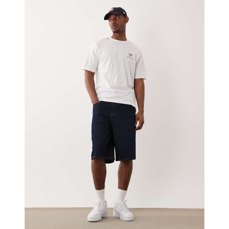 ONLY & SONS baggy fit longline denim shorts in indigo rinse-Navy