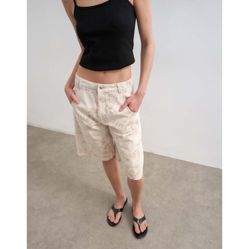 Topshop denim barrel jort in ecru jacquard floral-White