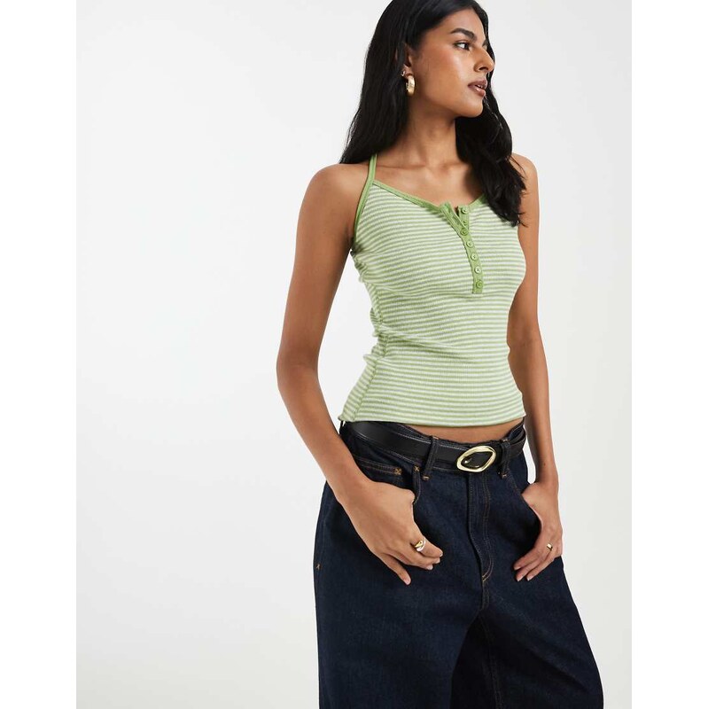 Hollister henley cami in green stripe-Navy