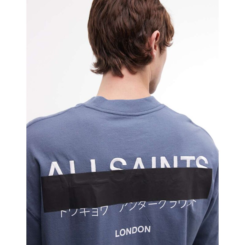 AllSaints Redact oversized embroidered logo t-shirt with back print in mid blue
