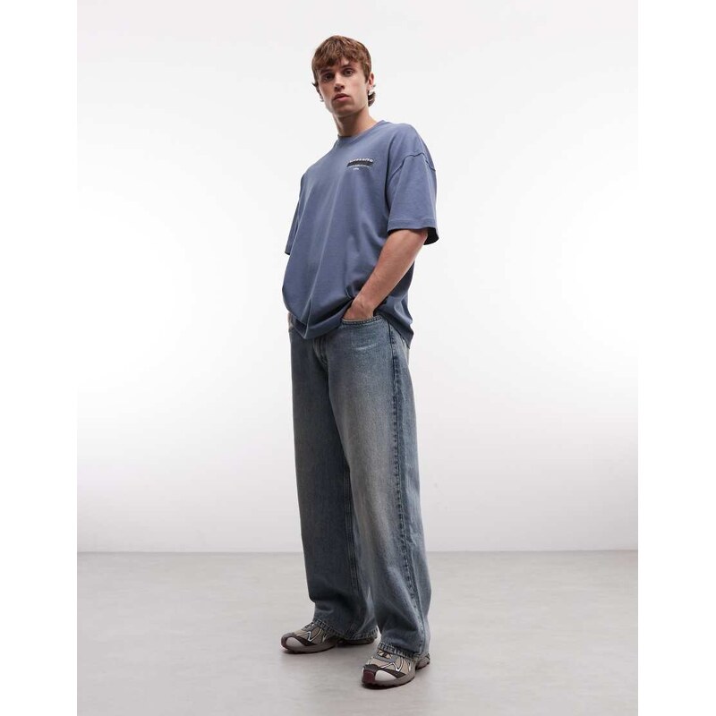 AllSaints Redact oversized embroidered logo t-shirt with back print in mid blue