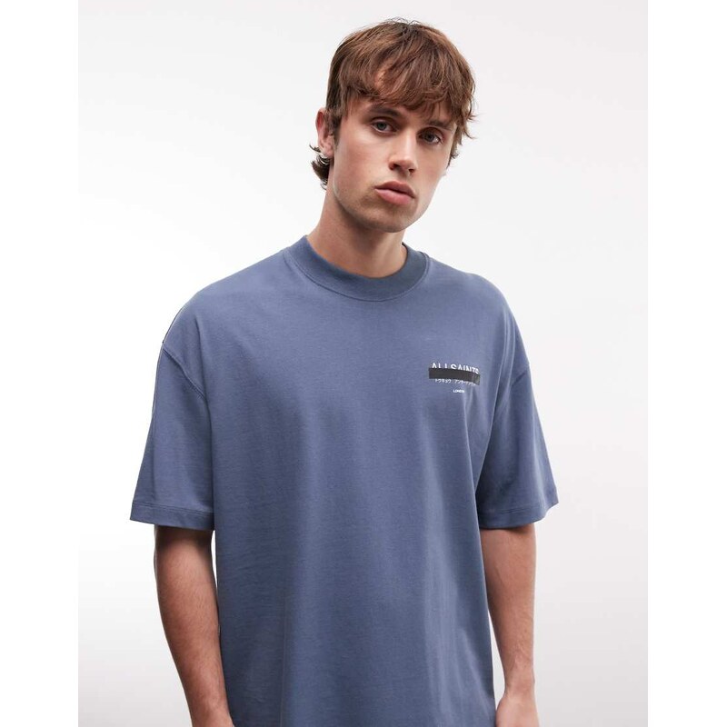 AllSaints Redact oversized embroidered logo t-shirt with back print in mid blue