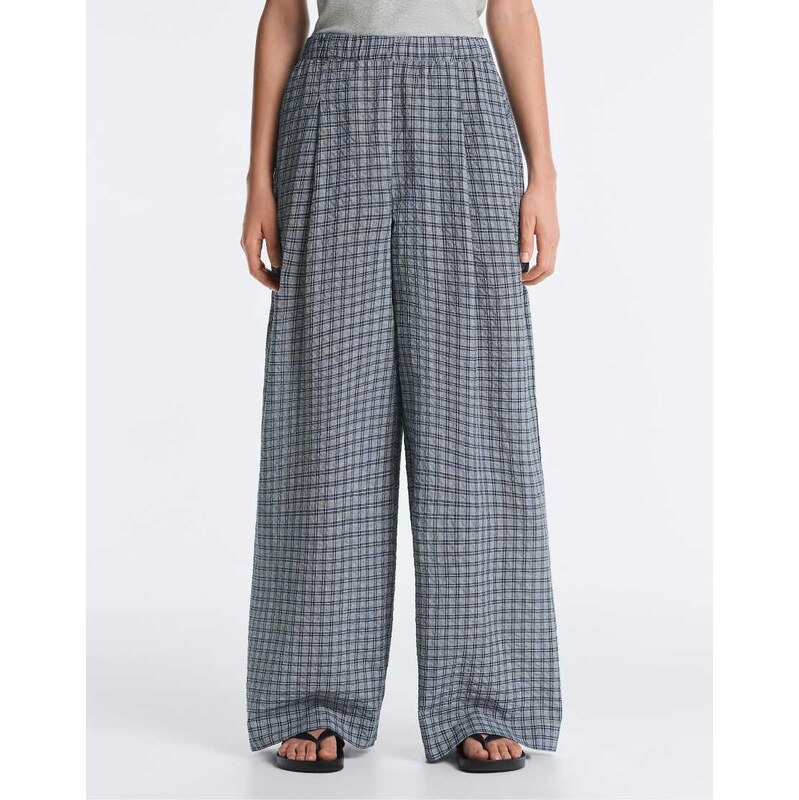 OYSHO Check cotton blend wide-leg trousers in grey-blue