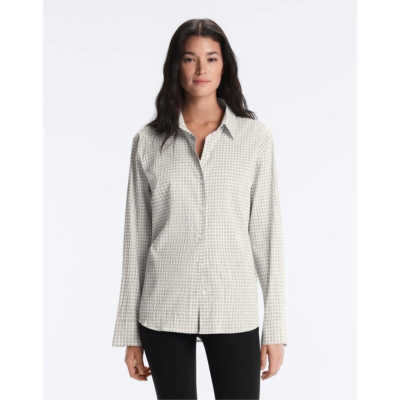 OYSHO Long sleeve cotton blend check shirt in off-white
