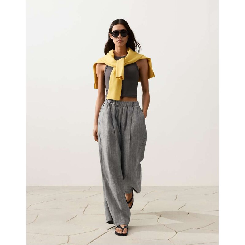 OYSHO 100% linen wide leg trousers in grey 115052499