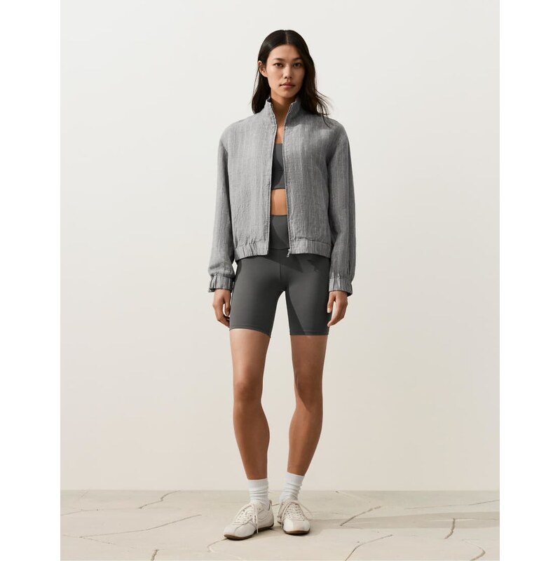 OYSHO Pinstriped 100% linen high-neck jacket in grey 115040518