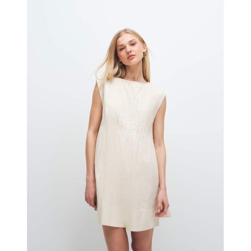 ASOS DESIGN slash neck mini dress with pintucks in cream-Neutral