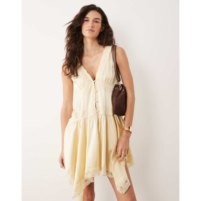 Miss Selfridge boho satin lace insert hanky hem mini dress in