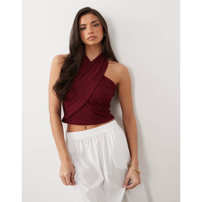 ASOS DESIGN mix & match cotton crinkle crossover halter neck top