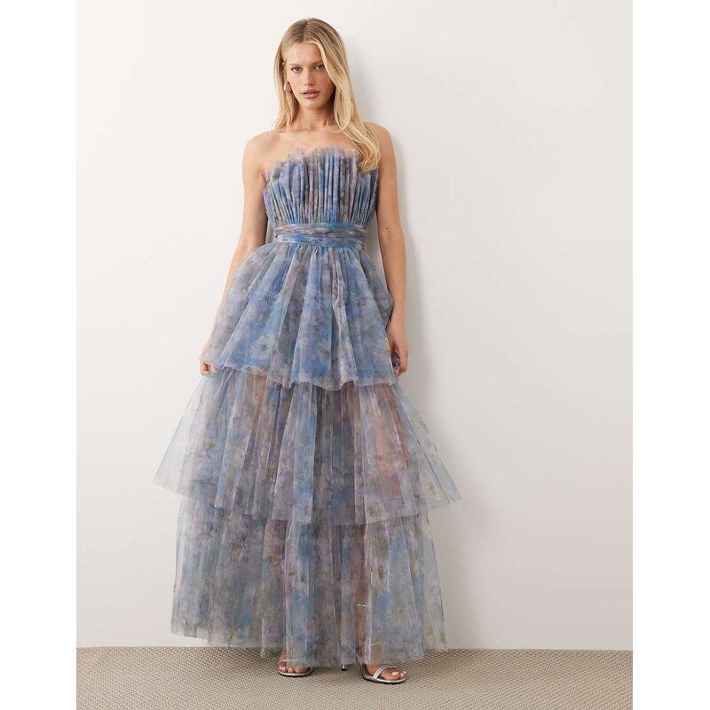 Lace & Beads bandeau tulle maxi dress in blue floral print-Multi