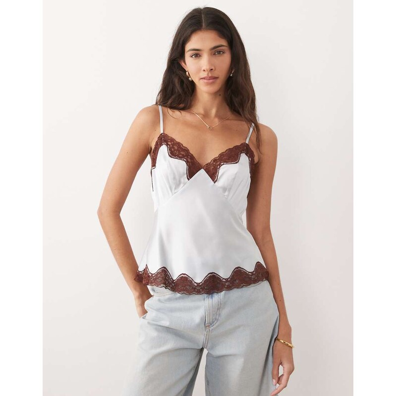 ASOS DESIGN lace trim satin cami in blue and brown-Multi