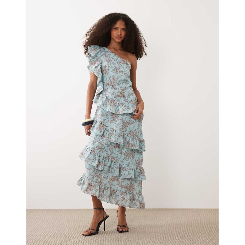 Pretty Lavish fleur linen mix tiered one shoulder midaxi dress in blue 115614601