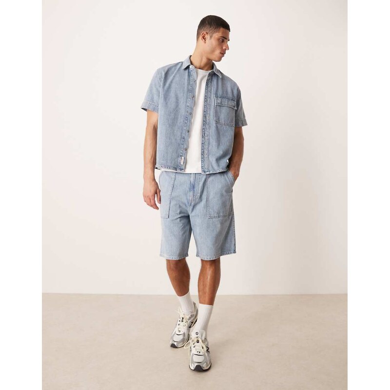 Calvin Klein Jeans short sleeve linen mix denim shirt co-ord in light wash blue