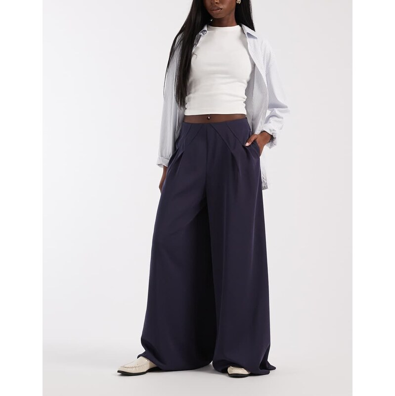 ASOS DESIGN tailored pleated waist wide leg trousers in navy