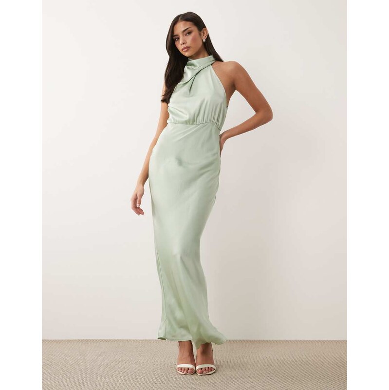 Vila high neck satin maxi dress in sage green
