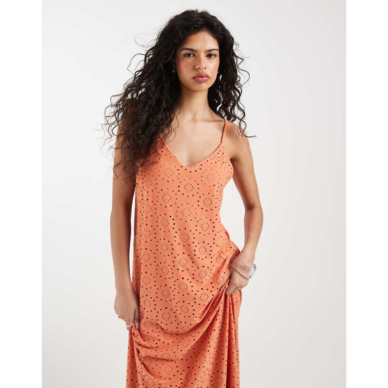 Vero Moda jersey floral broderie cami midi dress in orange