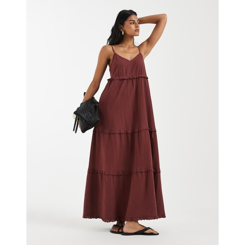 Vero Moda cotton cami tiered maxi dress with scallop edge detail