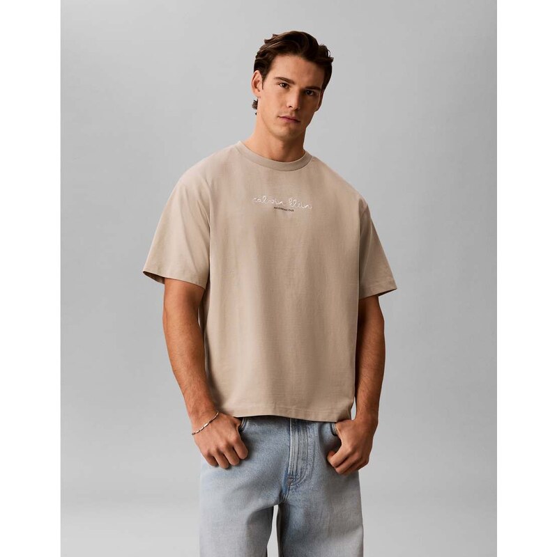 Calvin Klein Jeans centre script t-shirt in beige-Neutral