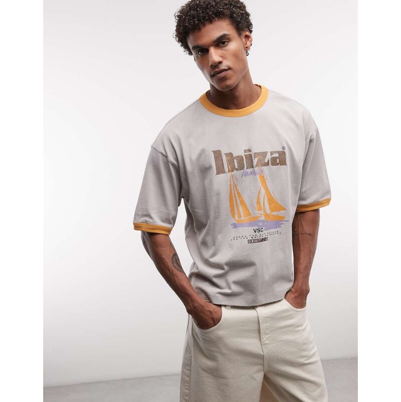 ASOS DESIGN heavyweight boxy oversized ringer t-shirt with sailboat graphic in grey wash-Neutral