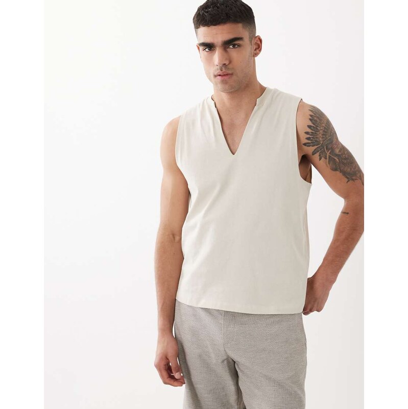ASOS DESIGN boxy oversized regular fit tank with v neck in beige