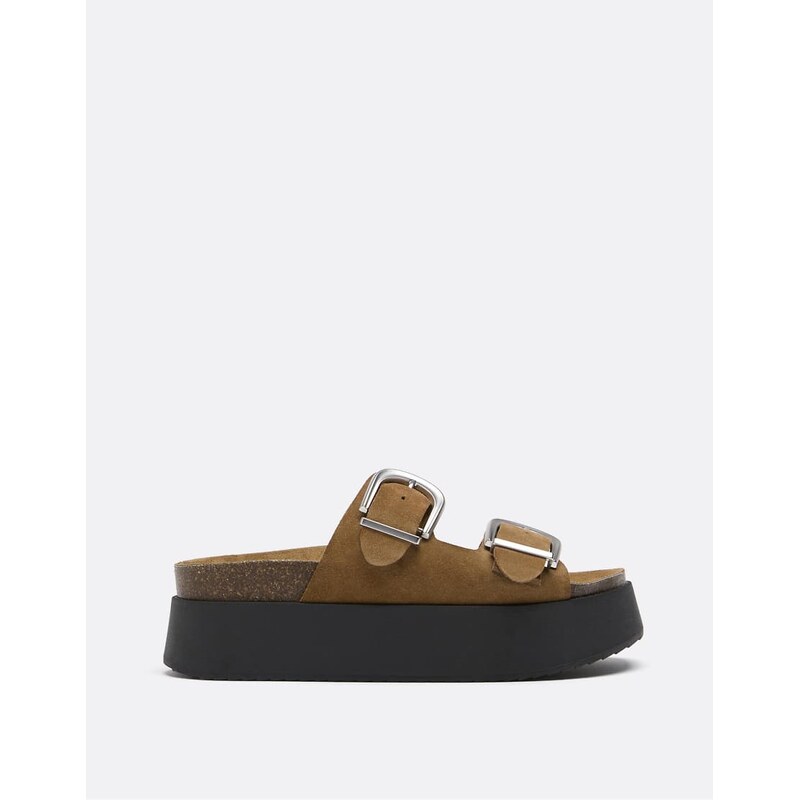 Stradivarius Leather faltform sandal in beige-Neutral