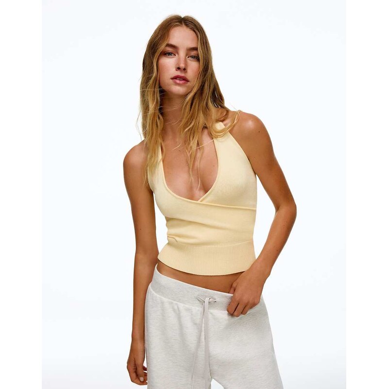 Bershka Halter neck crossover top in yellow