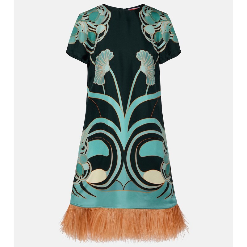 La DoubleJ Swing feather-trimmed floral silk twill minidress