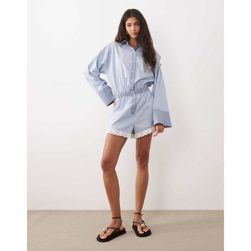 ASOS DESIGN shirt playsuit with lace trim in mixed blue stripe