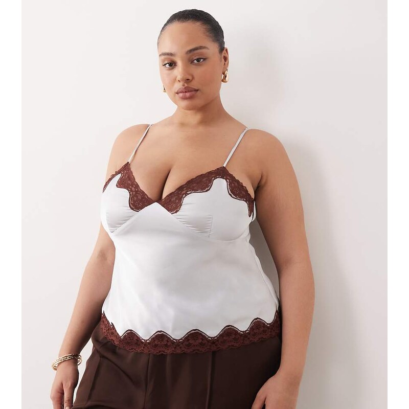 ASOS Curve ASOS DESIGN Curve lace trim satin cami in blue and brown 115051792