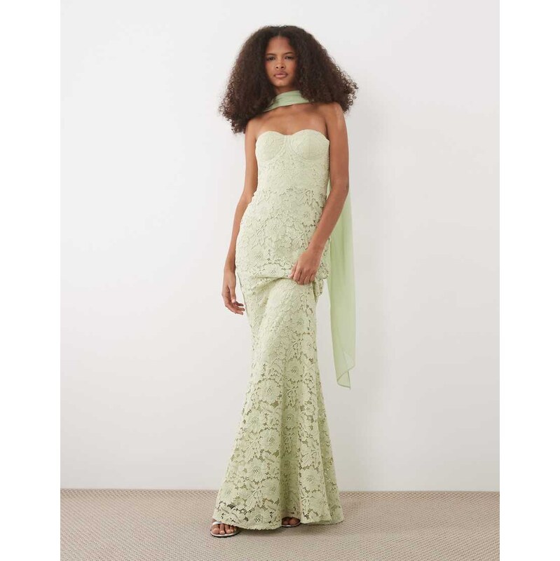 Six Stories lace corset maxi dress with scarf neck in sage green 115051812