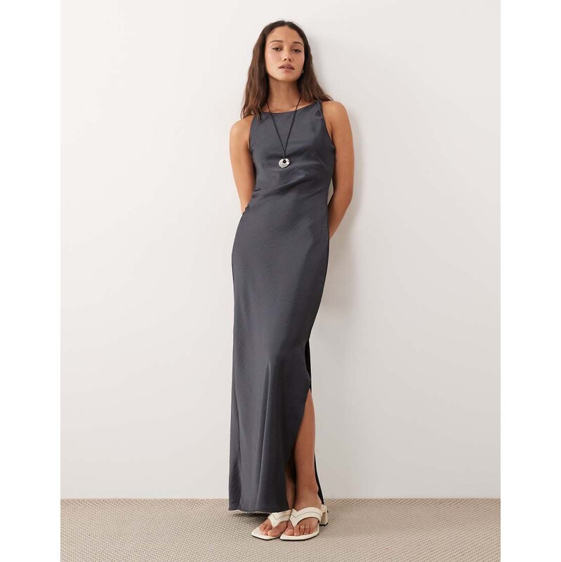 JDY high neck satin maxi dress in charcoal grey-Silver