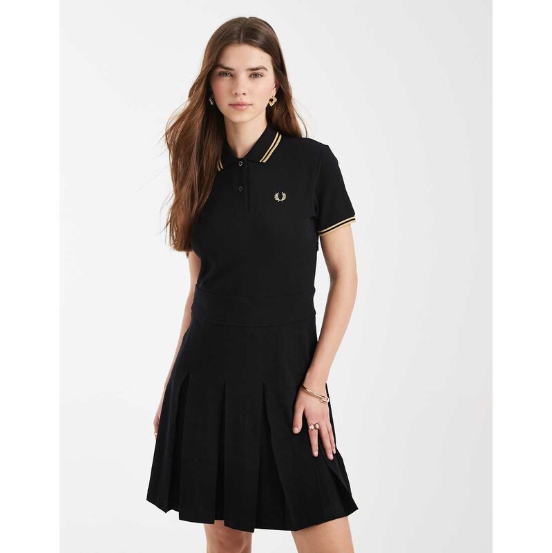 Fred Perry tipped logo pleated tennis midi dress in black
