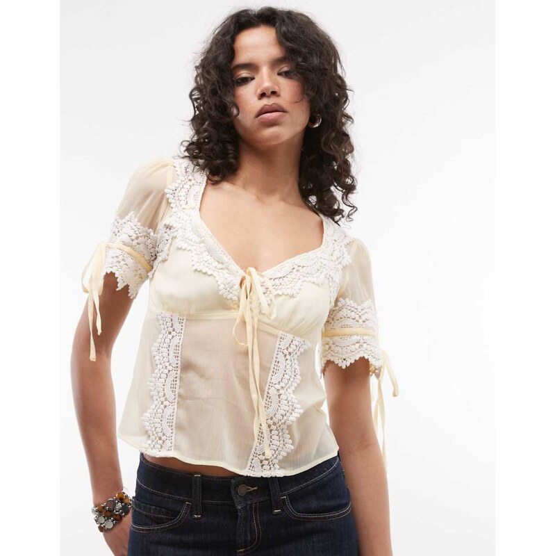 Reclaimed Vintage chiffon tea top with lace trim in cream-White