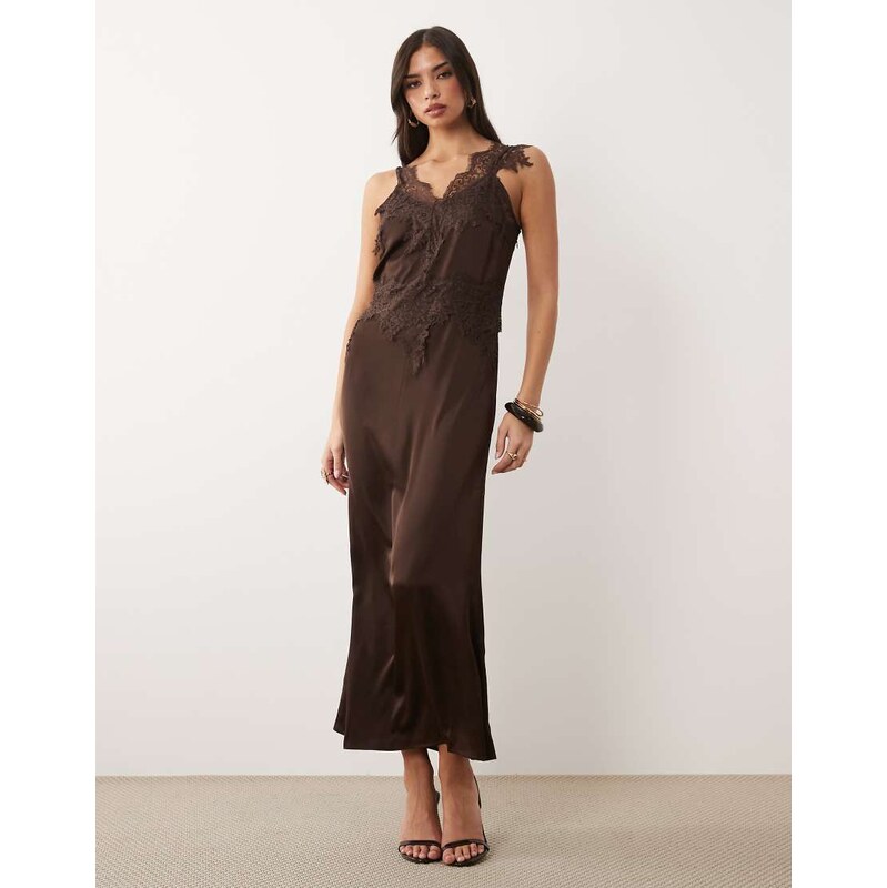 Vila lace trim satin midi dress in chocolate brown