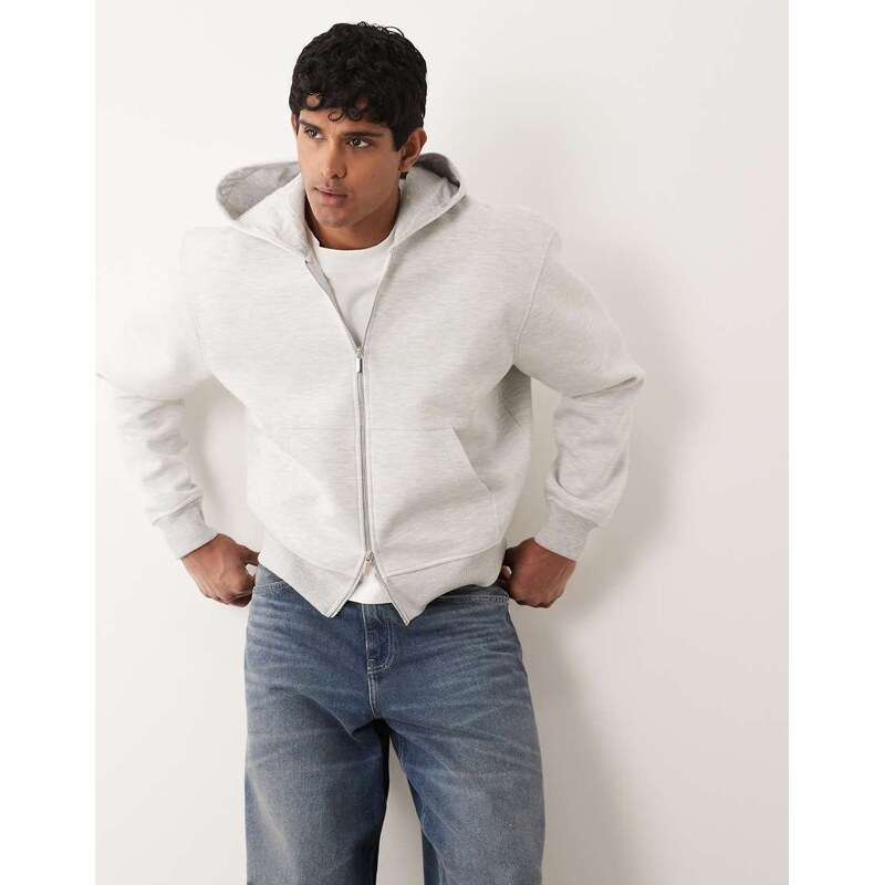 ASOS DESIGN heavyweight relaxed boxy zip-through in scuba-style fabric in ice marl-Grey