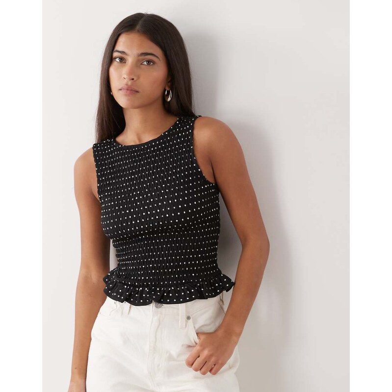 Noisy May sleeveless shirred top in black polka dot 115529032