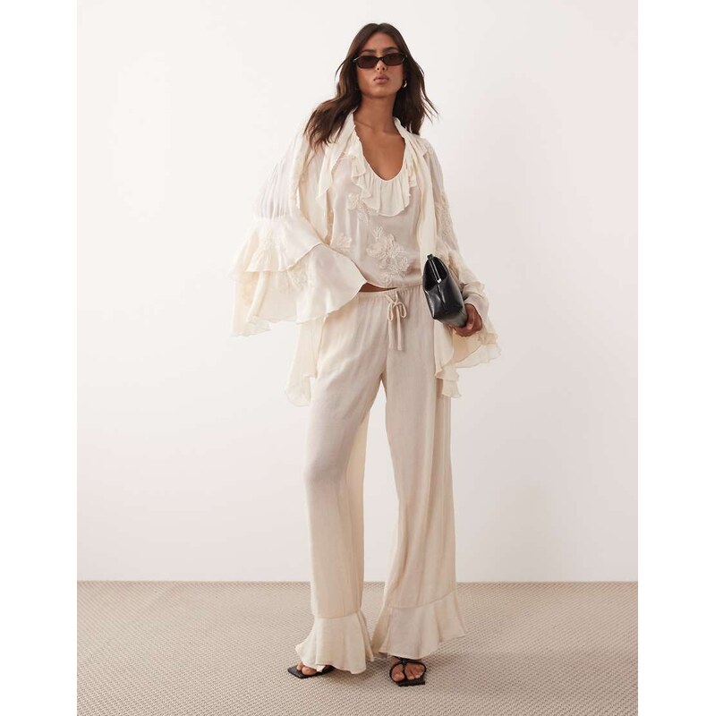 Monki crinkle wide leg trousers in off white