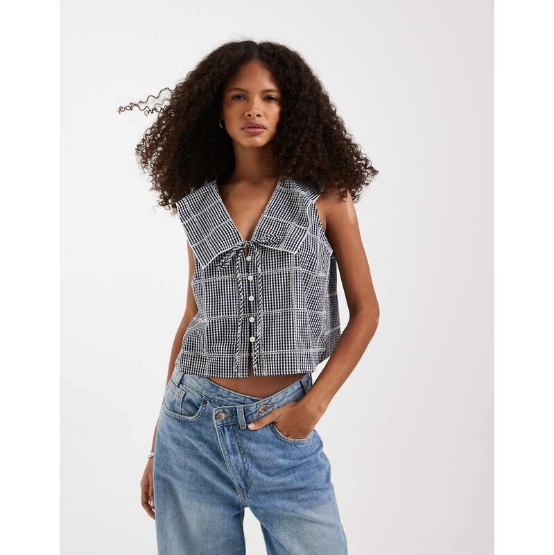 Free People waiting for me crop top in navy gingham combo-Multi 115052224