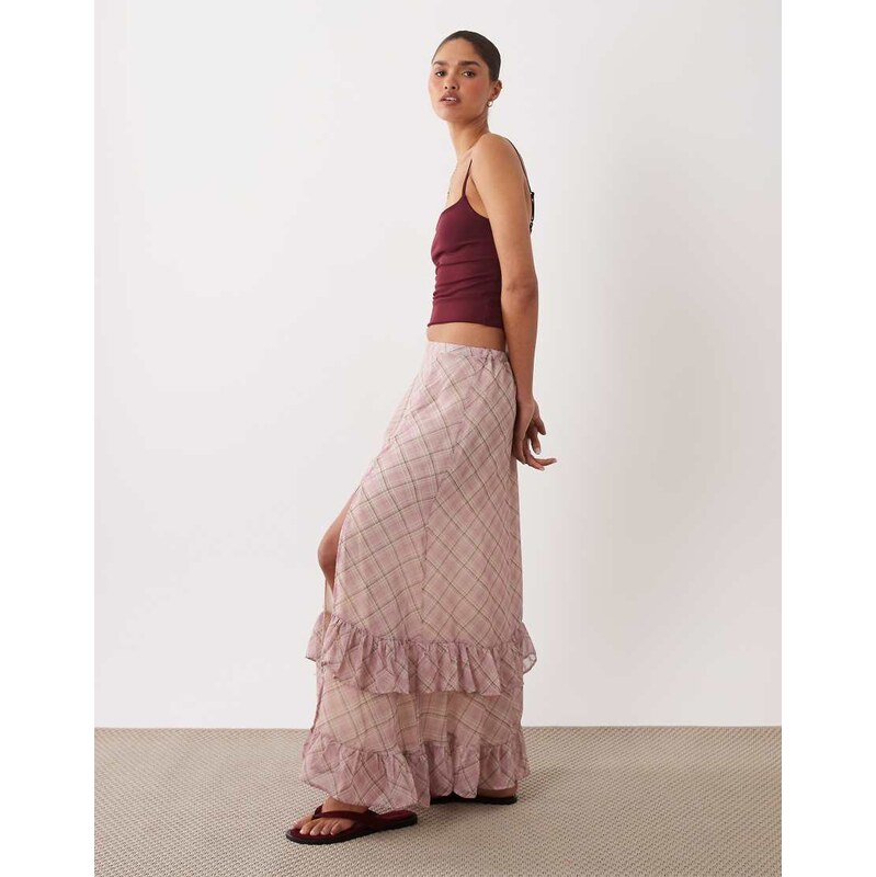 Miss Selfridge maxi skirt with frill in check-Multi