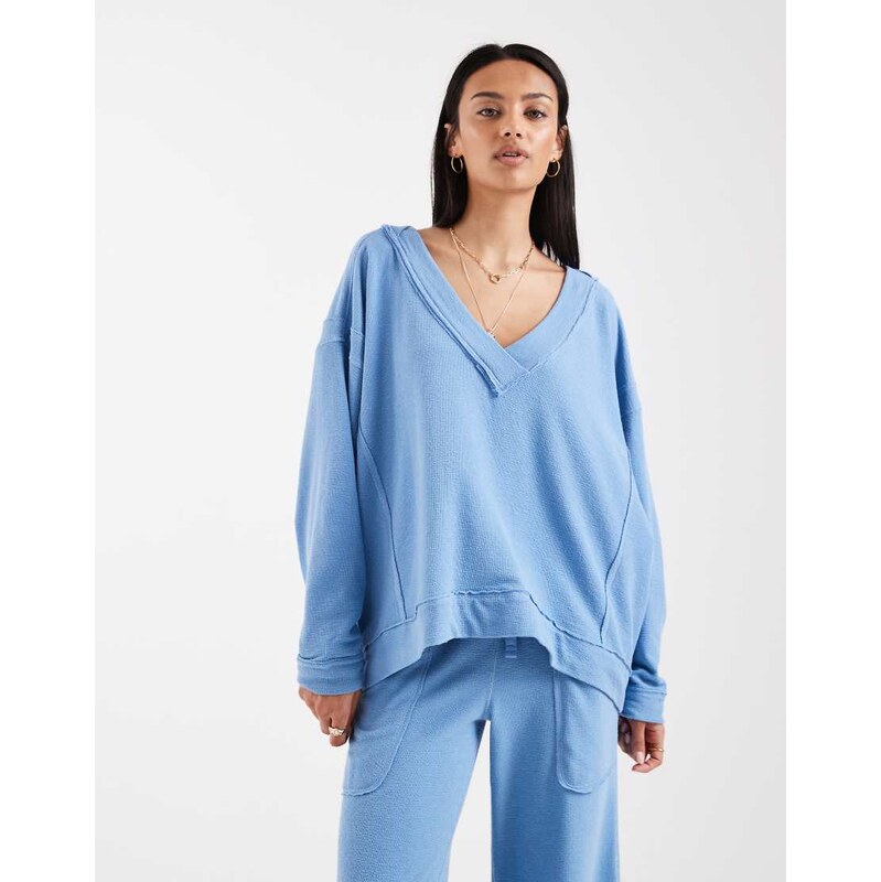 Free People staycation v neck pullover sweat top in blissful blue co 115052242