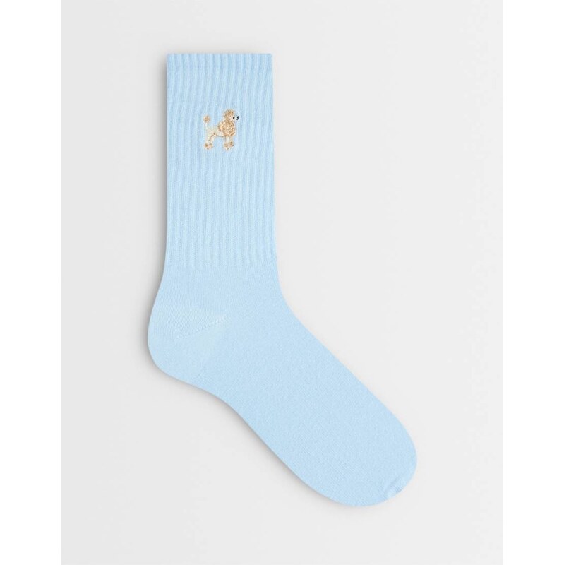 ASOS DESIGN ribbed edge ankle socks with poodle embroidery in blue 115052300