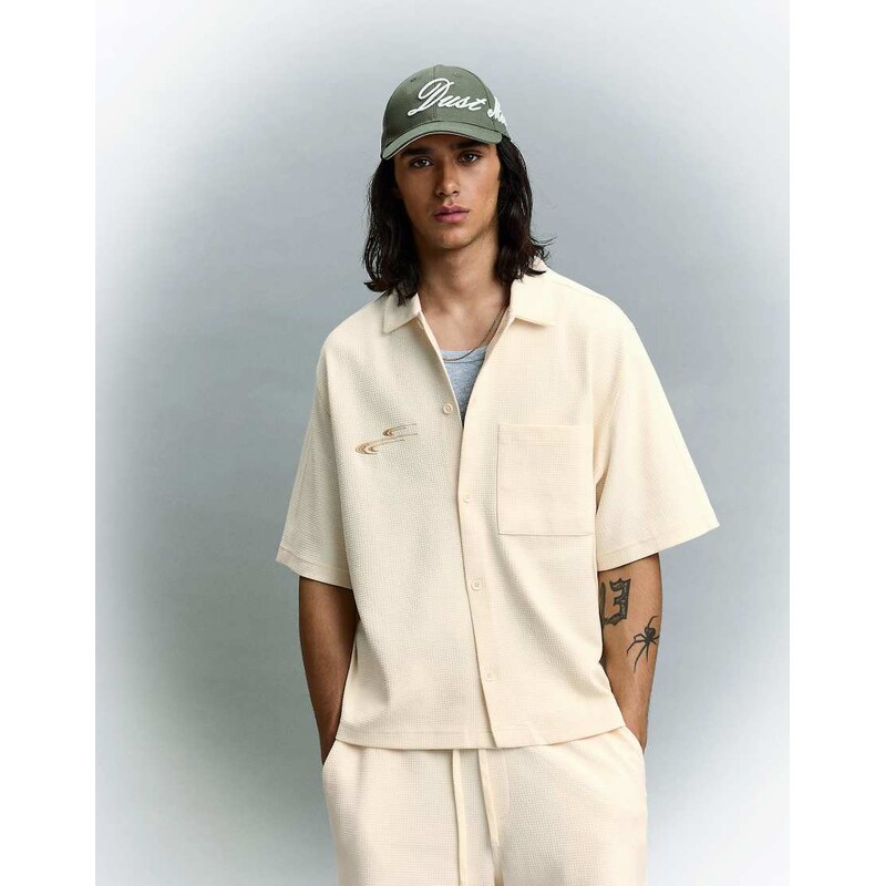 Bershka Waffle short sleeve shirt (co-ord) in white