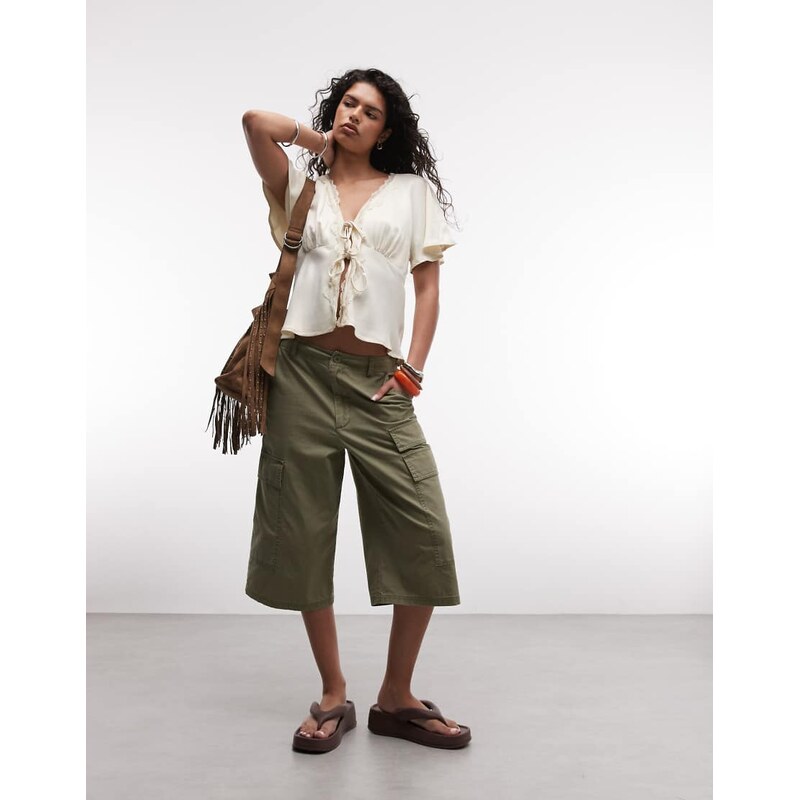 Reclaimed Vintage tie front top with lace trims in cream satin
