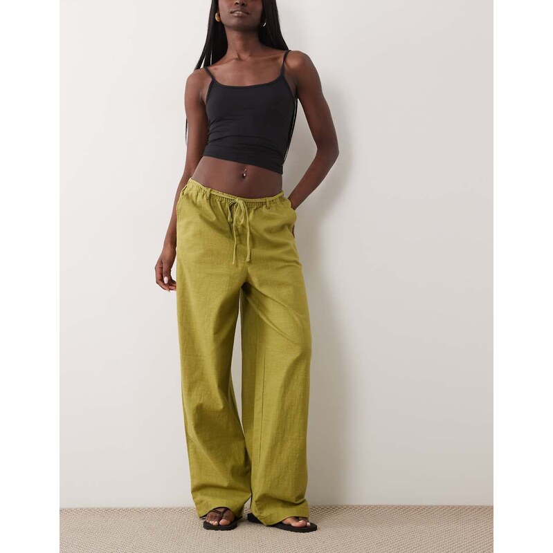 ASOS DESIGN linen look pull on trousers in olive-Green