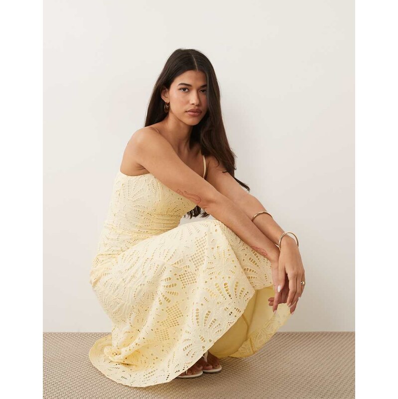 Forever New broderie cami corset detail skater midi dress in lemon 115136278