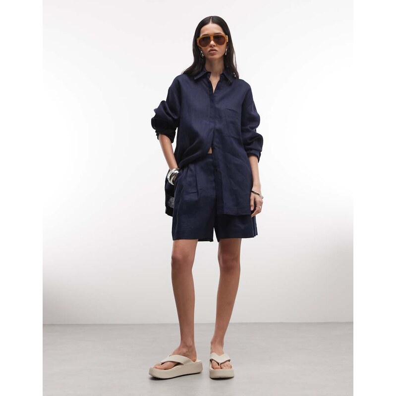ASOS DESIGN pull on linen shorts in navy
