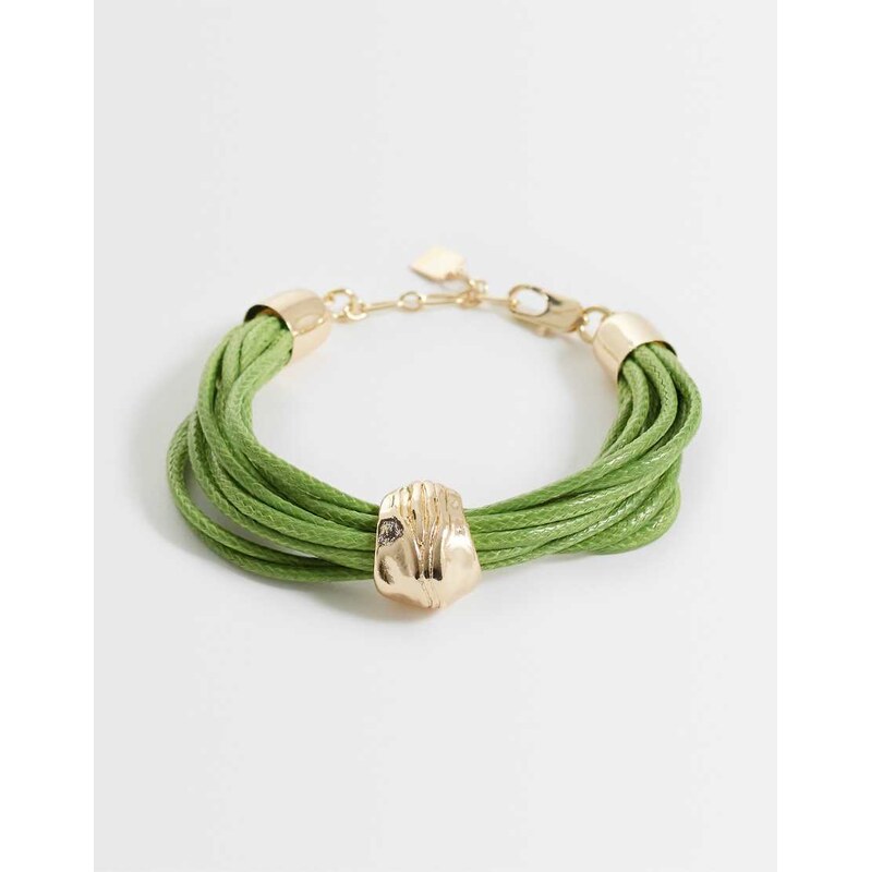 ASOS DESIGN corded bracelet in green with gold tone bead detail