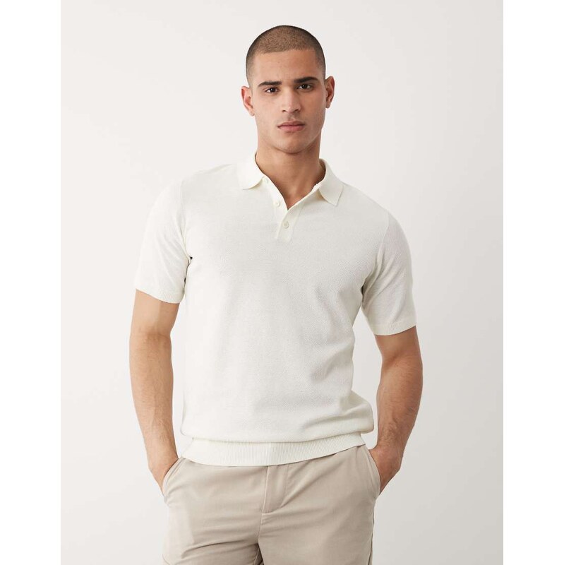 Threadbare knitted short sleeve polo top in ecru-White