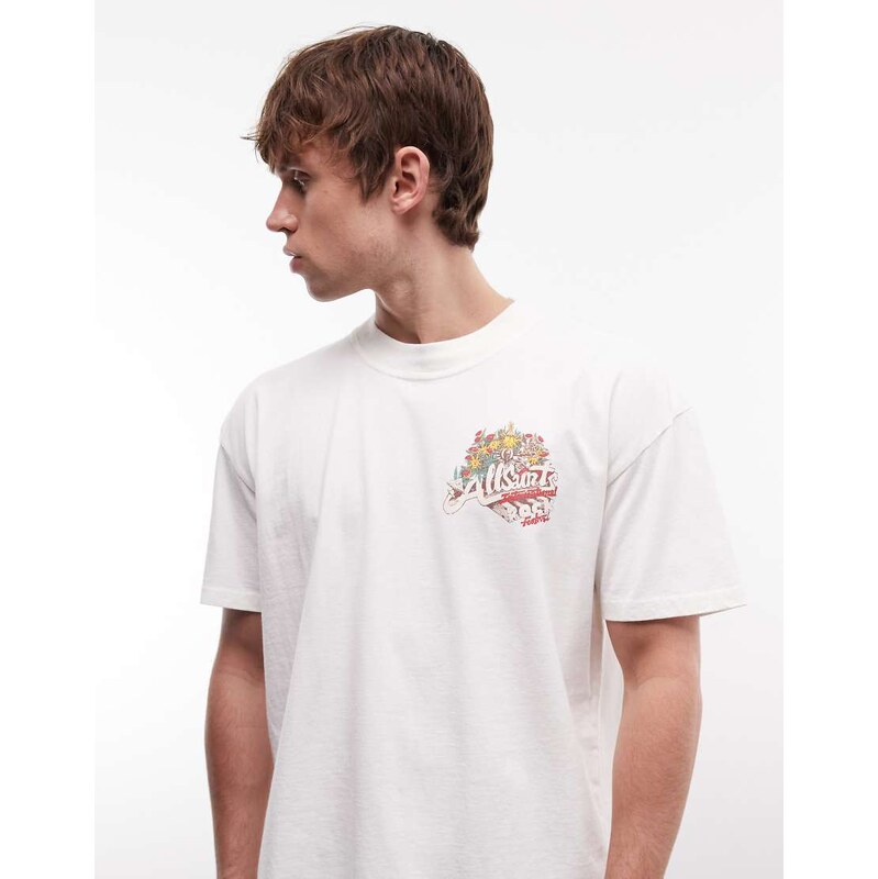 AllSaints Roque short sleeve graphic logo t-shirt with back print in off white
