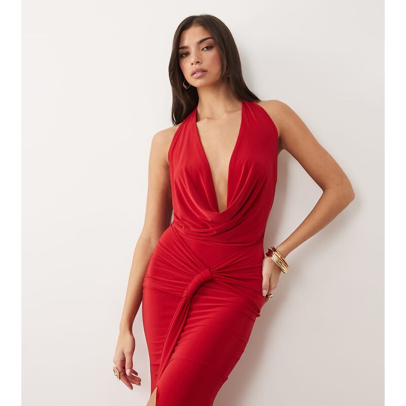 Kaiia exclusive double layered slinky halter cowl neck drape waist 115550059